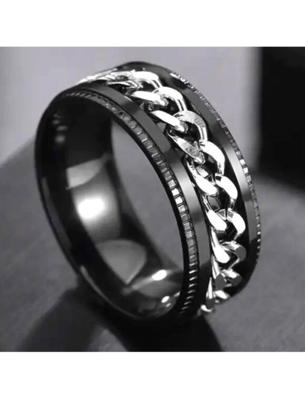 Ring Spinner Men's Black Silver SZ 10 Stainless Chain Rotates Anxiety Edgy Rock